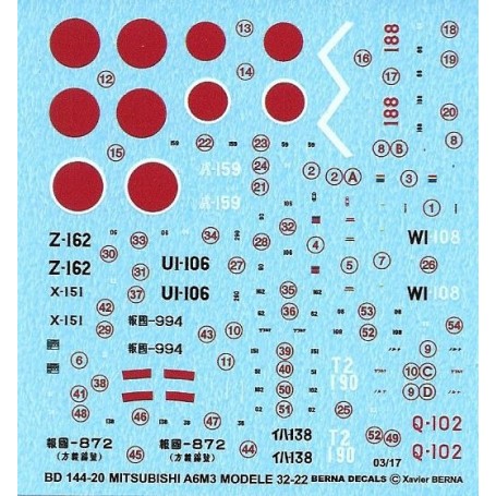 Decals Mitsubishi ZERO A6M3 Model 22-32: 2 Kokutai (Q-102) 1942, Kiyoshi (X-151) 1942, 582 Kokutai (188) 07/04/1943, 204 Kokutai