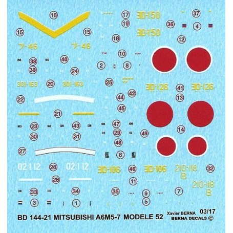 Decals Mitsubishi ZERO A6M5-7 Model 52-63: Oita (J-46) 1945, Morioka (ED-106) 1945, 201 Kokutai (02-112) 25/10/1944, Akamatsu 19