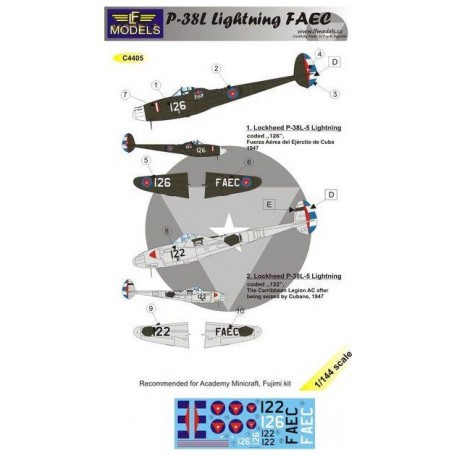 Decals Lockheed P-38L Lightning FAEC CUBA 1947 (2 decal options) designed to be used with Academy, Fujimi and Minicraft kits) 