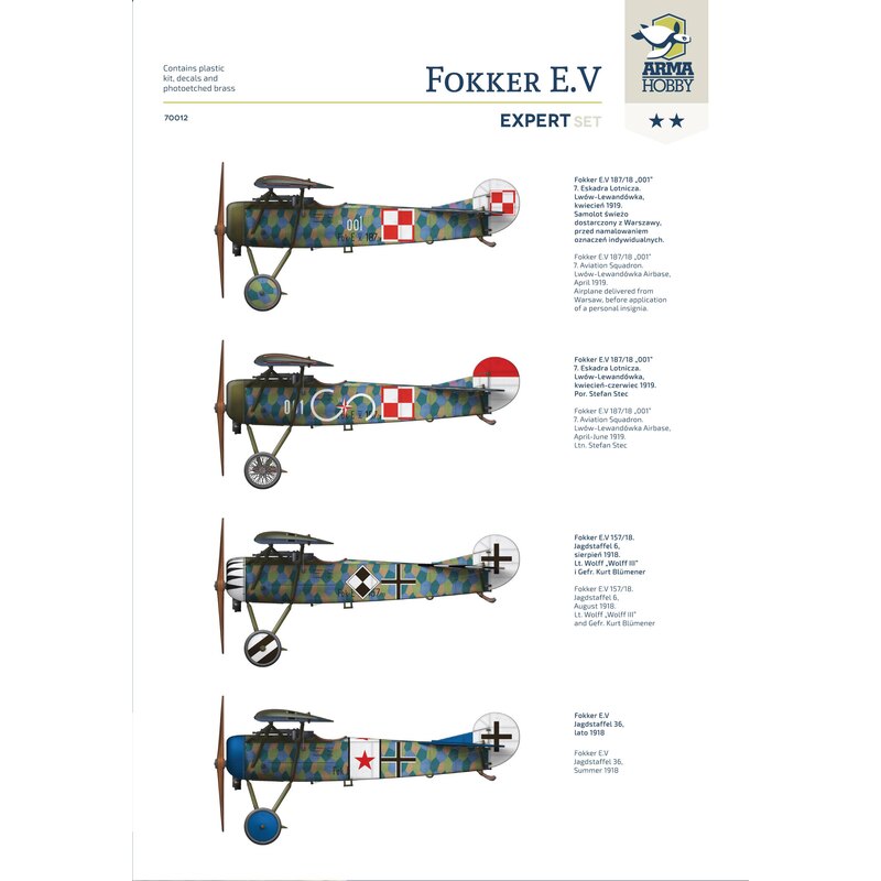 Fokker E.V Expert Set• Plastic parts• Photo-etched parts• Cartograph decals, 2 x Poland 2 x Germany, two large sheets including 