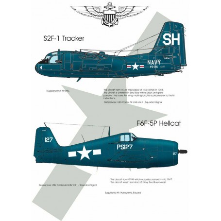 Decals US Navy Blues Pt:2Grumman S2F-1 Tracker 133047 SH/4 VS-26 USN Norfolk NAS 1953Grumman F6F-5P Hellcat PS127 VF-9A USN 1947