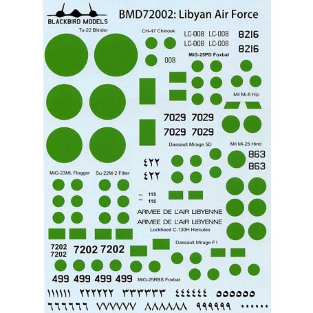Decals Libyan Arab Air ForceSu-22M-2 Fitter J unknown unit Libyan AF 1980’sC-130H Hercules 115 unknown unit Libyan AF 1980’sMiG-
