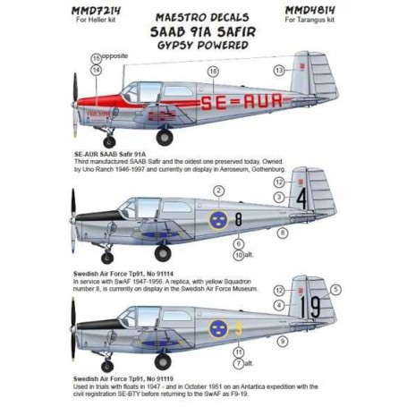 Decals SAAB 91A Safir w. Gypsy engine   (designed to be used with Heller kits) 