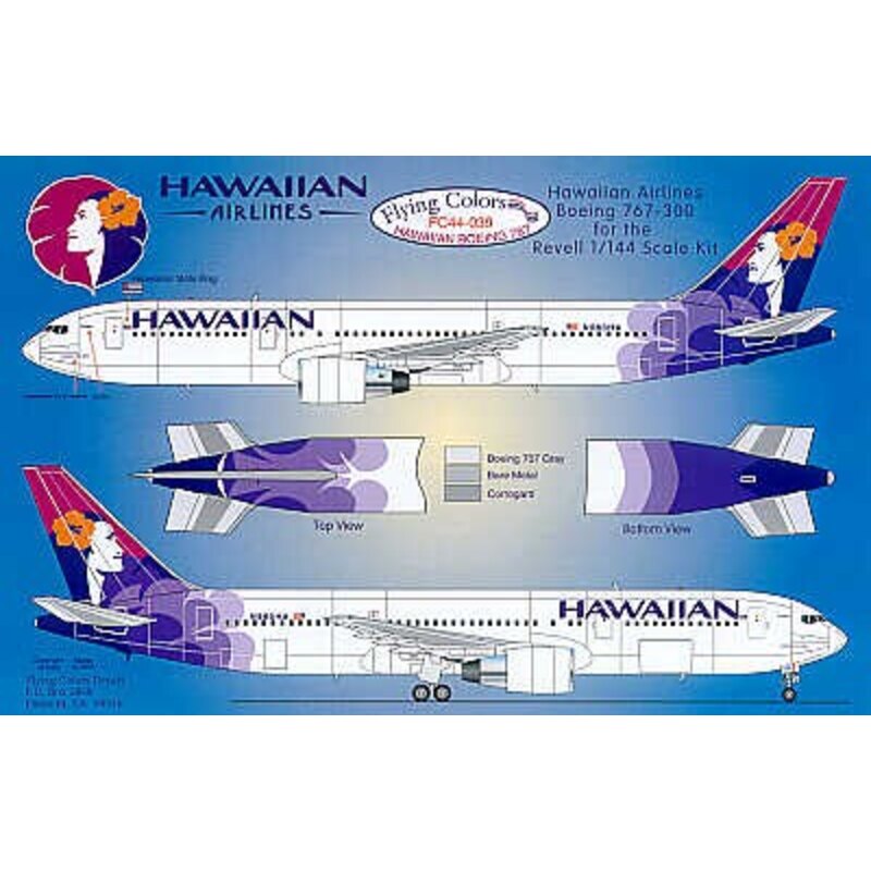 Decals Boeing 767 HAWAIIAN Airlines 2002 scheme. All Registration and names. Revised and reprinted for use on either the Revell 