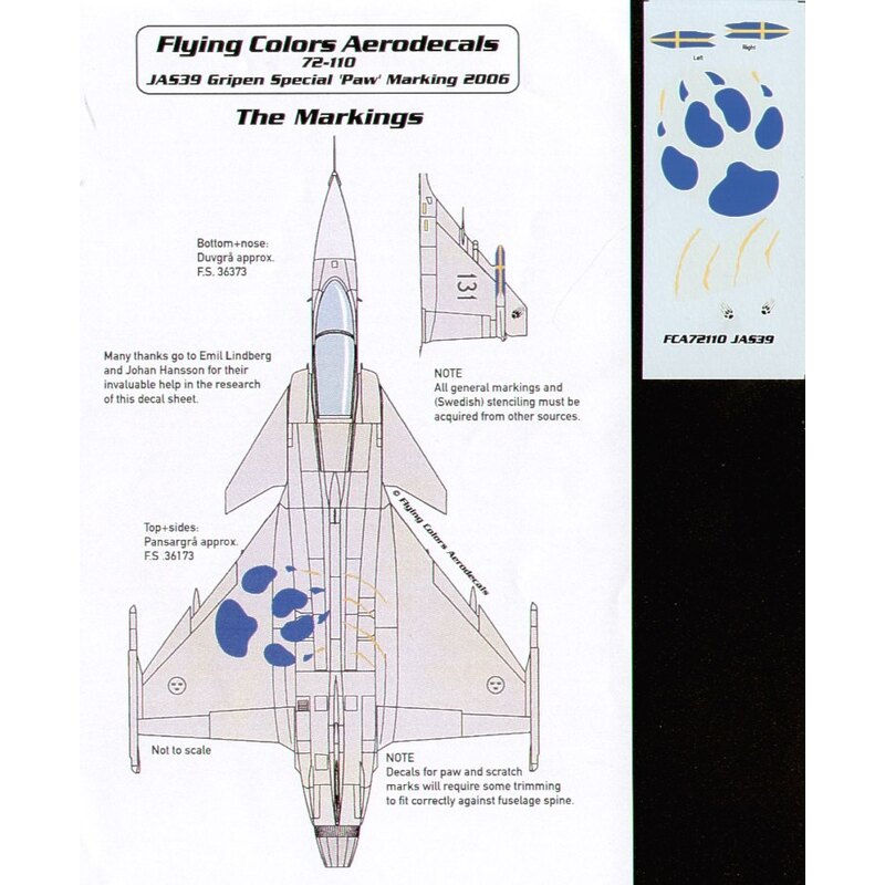 Decals Saab JAS-39 Grippen 39131 Special Cat′s Paw Print zap at Air Show August 2006 Decals for military aircraft