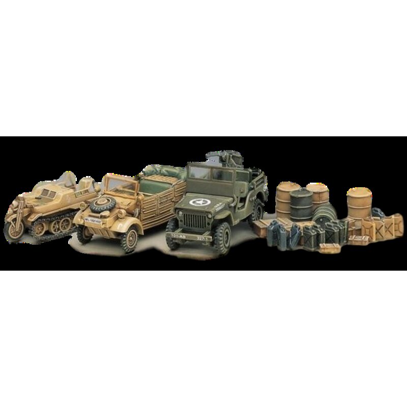 WWII vehicle set. Kubelwagen Kettenkrad Willys Jeep diorama base jerry cans crates. Model kit