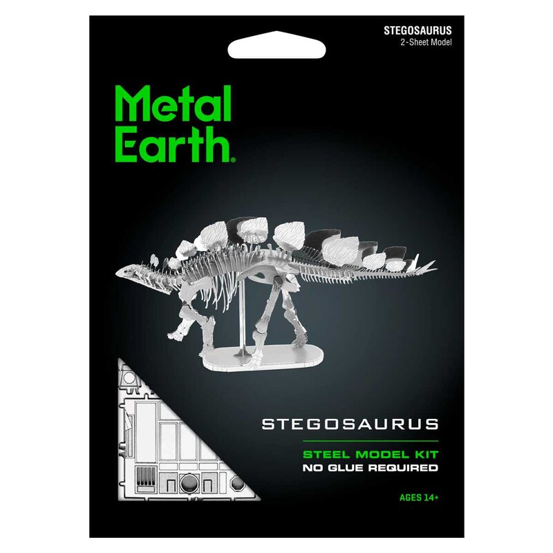 MetalEarth Dinosaurs: STEGOSAURE SQUELETTE 13.97x2.54x7.62cm, metal 3D model with 2 sheets, on card 12x17cm, 14+