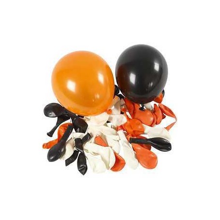 Balloons, white, orange, black, D: 23-26 cm, Round, 100mixed Party item, outdoor and miscellaneous