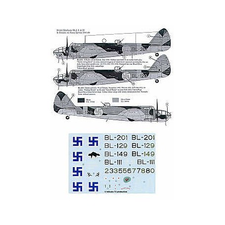 Decals Bristol Blenheim Mk.I II IV 1941-44. Markings for 4 aircraft in standard black olive green and light blue/grey or silver 