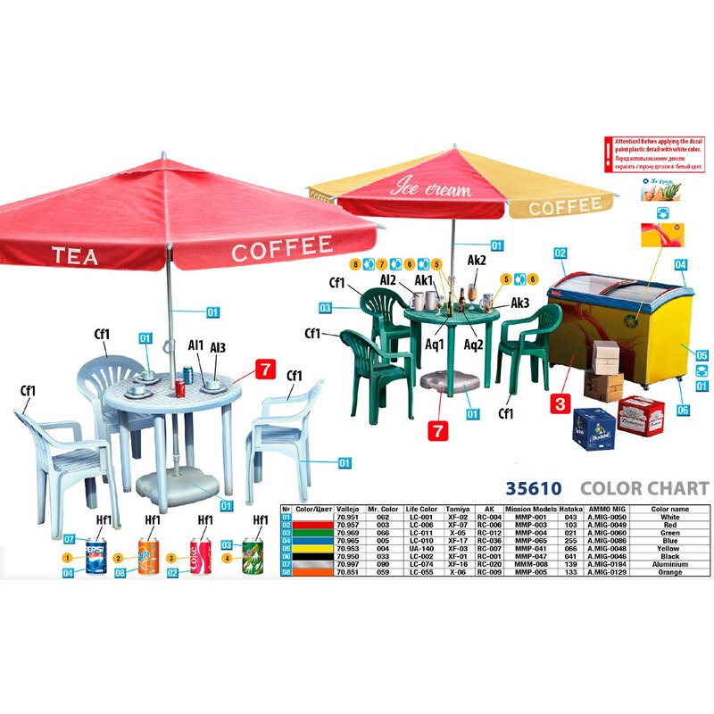 MODERN STREET CAFEKit contains unassembled plastic model of Cafe:2 Street Umbrellas (3 layouts-Options)2 Plastic Tables6 Plastic
