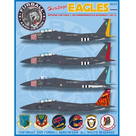 Decals McDonnell F-15C/F-15E Heritage Eagles" covers 4 USAF F-15s in colorful commemorative schemes:-F-15E 91-0603, 494th FS, RA