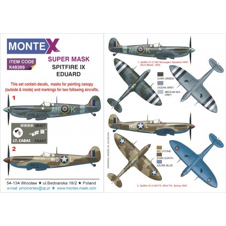 Supermarine Spitfire Mk.IXc/Mk.IXe (designed to be used with Eduard kits) canopy mask (outside & inside) + 2 insignia masks + de