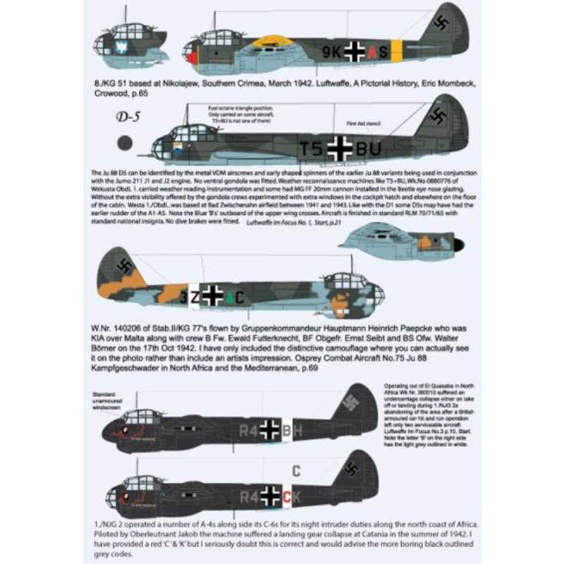 Decals Junkers Ju-88A-4A-4 9K+AS of 8./KG 51, Crimea 1942D-5 T5+BU of Wekusta ObdL 1, Bad Zwischenahn, 1942A-4 3Z+AC of Stab.2/K
