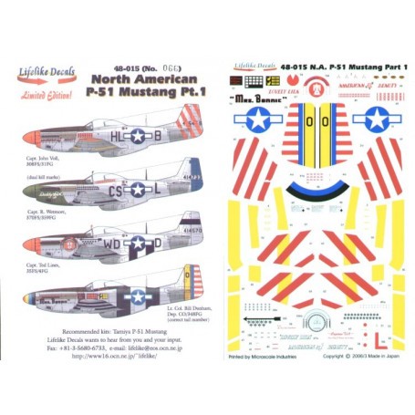 Decals North American P-51D Mustangs Part 1. (4) 415459 HL-B 308 FS/31 FG Capt John Voll `American Beauty/Luvely Lila′ Red bands