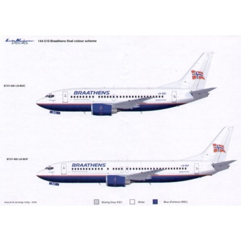 LN44510 Decals Boeing 737-400/-500/-700 BRAATHENS (3) Final schemes. Includes all registrations.