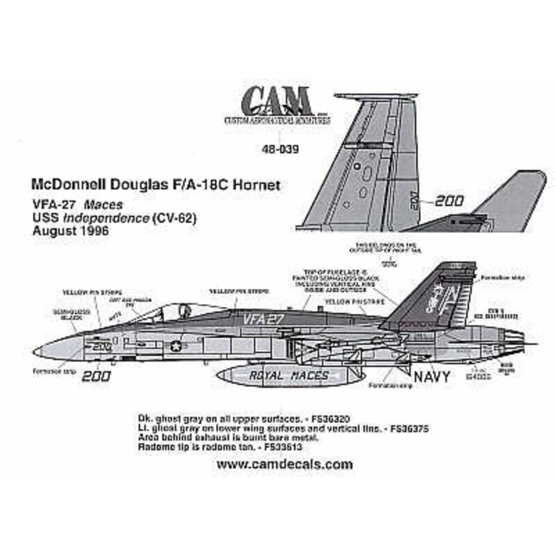 Decals McDonnell Douglas F/A-18 Hornet (1) CAG A/C 164006 VFA-27 Royal Maces CVW 5 USS Independance 