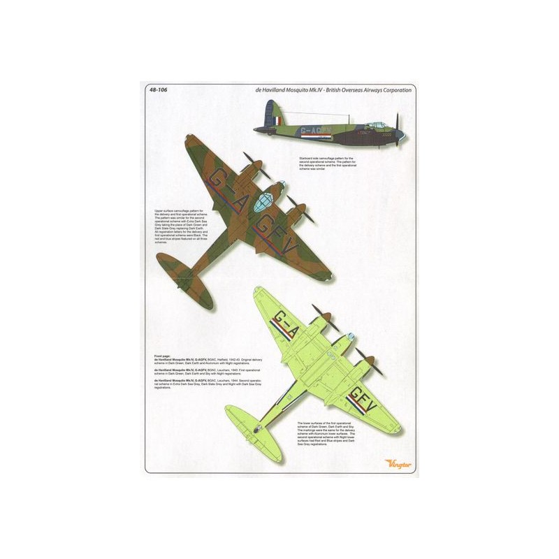Decals de Havilland Mosquito Mk.IV British Overseas Airways Corporation G-AGFV in choice of 3 schemes Vingtor (late sheets)