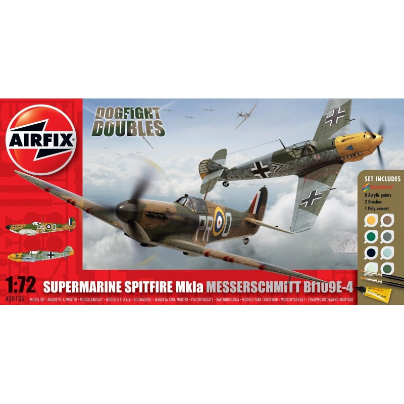 Spitfire Mk.1A / Messerschmitt Bf 109E Dogfight Double Starter Set includes Acrylic paints, brushes and poly cement Airplane mod