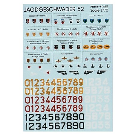 Decals Jagdgeschwader 52 Group and Staffel badges and fighter code numbers in yellow outlined black red and black outlined white