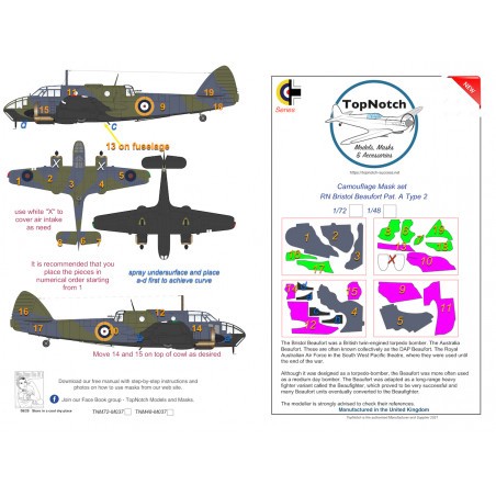 RN Bristol Beaufort Mk.I Pat. A Type 2 camouflage pattern paint masks (designed to be used with Airfix kits) 