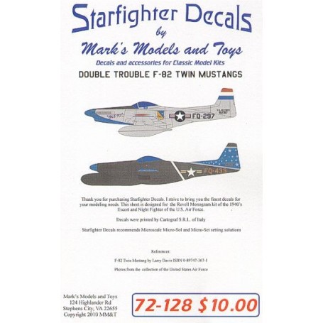 Decals Double Trouble P-82 Twin Mustangs. Designed for the Revell North American F-82 Twin Mustang Kit. Markings for two aircraf