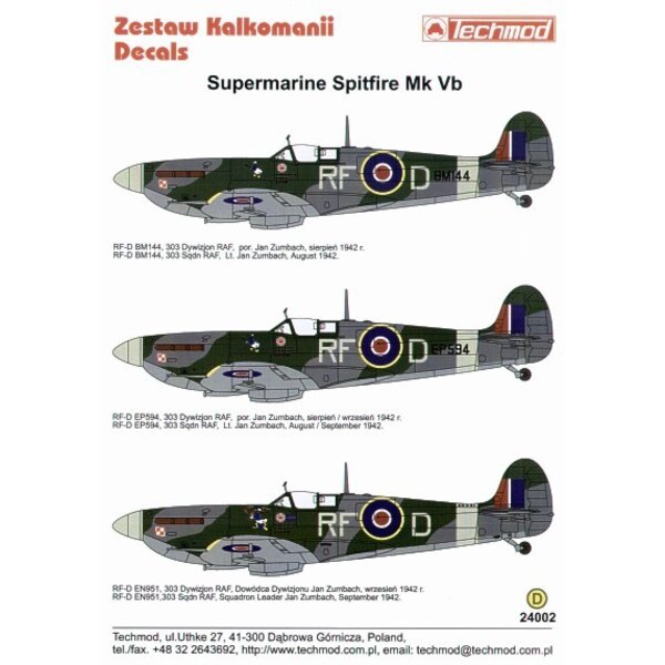 Decals Supermarine Spitfire Mk.Vb (3) all RF-D Flt Lt/ Sqd Ldr Jan Zumbach 303 Polish Squadron with Donald Duck cartoons. BM144 