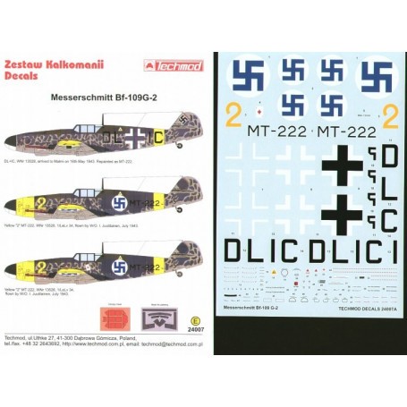 Decals Messerschmitt Bf 109G-2 in Finnish service (3) DL+IC in delivery scheme and two versions as Yellow 2 MT-222 with 1/LeLv 3
