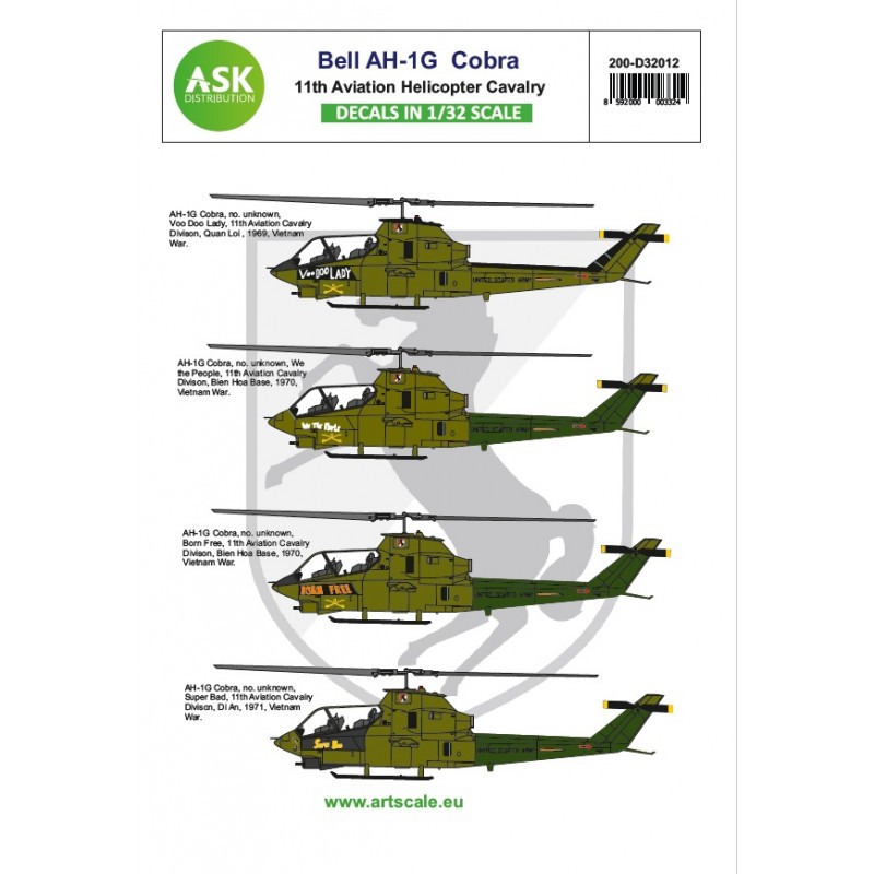 Bell AH-1G Cobra 11th Aviation Helicopter Cavalry Contain decals for 4 markings 