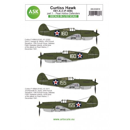 Curtiss H81-A-2 part 1 - Pearl Harbor DefendersContains decals for two kits.1) 