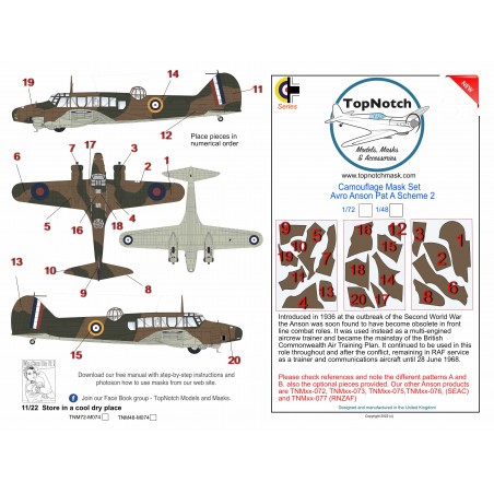 Avro Anson Mk.I Pattern A Scheme 2 camouflage pattern paint masks (designed to be used with Airfix and Special Hobby kits) 