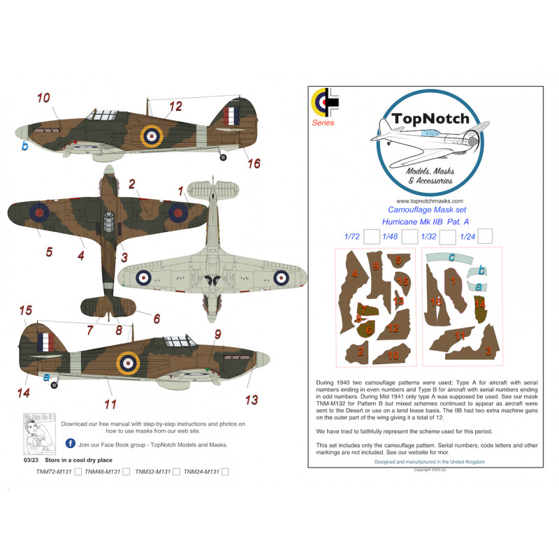 Hawker Hurricane Mk.IIB scheme A Camouflage pattern paint mask (designed to be used with Revell kits) 