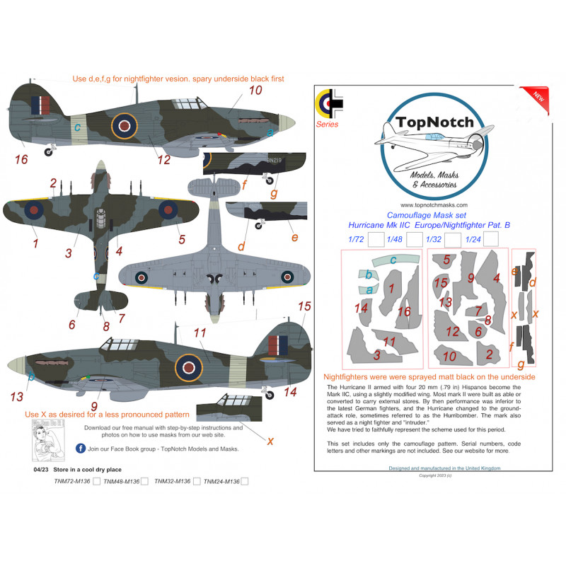 Hawker Hurricane Mk.IIC/Nightfighter Europe Pattern B Camouflage pattern paint masks (designed to be used with ? kits) 