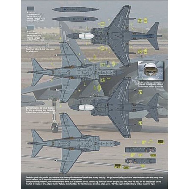 Decals McDonnell Douglas AV-8B Harrier Yuma Nightmares. The first sheet in decal form that captures the new gunship gray scheme 