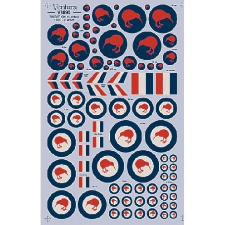 Decals RNZAF Kiwi roundels: high visibility red/white/blue 13.25 18 30 36 48 and 54 inch. low visibility Red/blue 8.75 12 24 36 