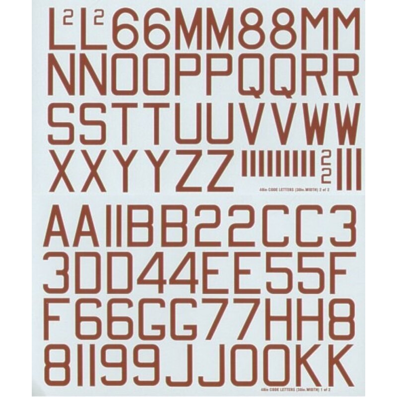 Decals RAF WWII 48 x 30 bomber squadron code letters and numbers red. Double sheet (RAF codes/RAF code letters/RAF serial number