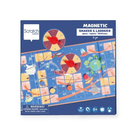 Scratch Magnetic Game: MAGNETIC GAME BOARD ON THE ROAD - SNAKES&LADDERS Space 18.5x18.5x1.5cm (folded), 58x18.5x0.5cm (unfolded)