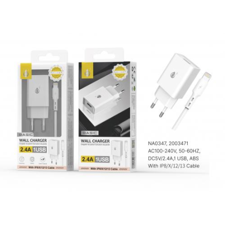 USB Sector Tip + Cable for iPhone 5 to 13 - 2.4A - White - S. Basic-NA0347 