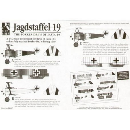 Decals Fokker Dr.I Triplane. 3 colourful aircraft from Jasta 19 