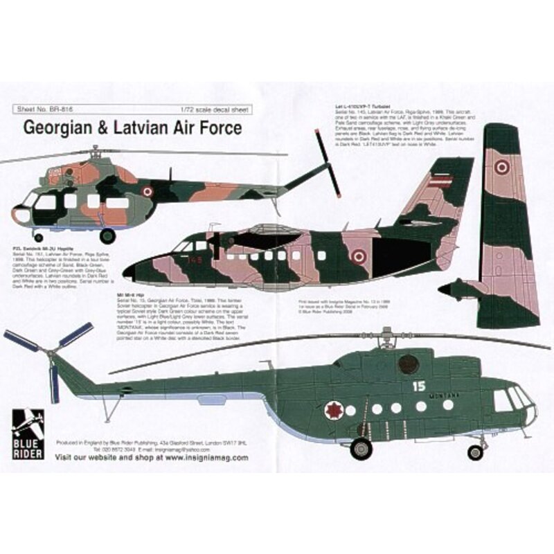 Decals Georgian and Latvian Air Force (3) Let L-410 Turbojet 1998 Mil Mi-2U Hiplite 1998 Mil MI-8 Hip 