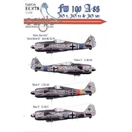 Decals Focke Wulf Fw 190A-8 (4) Small Black 10 Hptm Robert Weiss StabIII/JG54 Yellow 2 9/JG54 Both blue Reich Defence Bands Blue