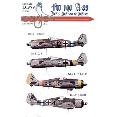 Decals Focke Wulf Fw 190A-8 (4) Black 12 8/JG300 red snake design on fuselage bleu/white Reich Defence Band Blue 4 JG5 black/yel