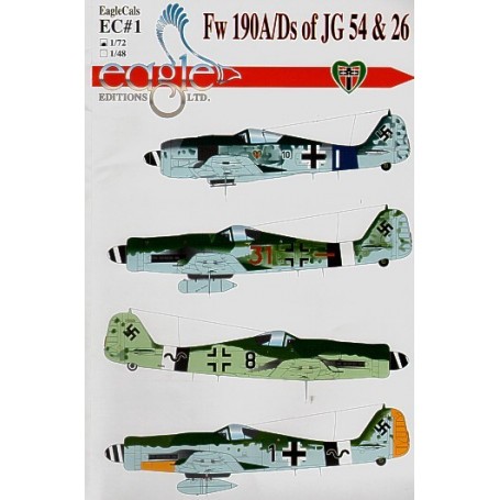 Decals Focke Wulf Fw 190A/D of JG54 and 26 (4) A-8 Black 10 StabIII. JG54 D-9 Brown 31 7/JG26 (II Gruppe) Black 8 14/JG26 (IV Gr