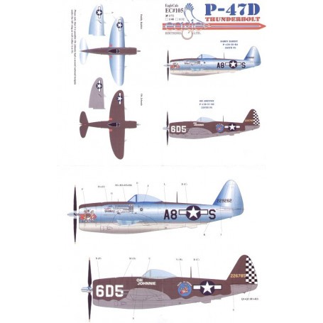 Decals Republic P-47D Thunderbolt Pt 2 (2) 42-29262 A8-S 391st FS/366th FG Capt Neil Stanley `Daddy Rabbit′ 42-26785 No 605 Lt R