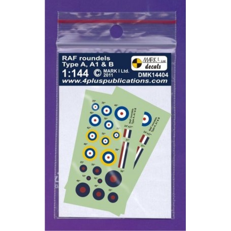 Decals RAF Type A, B roundels, 2 sets. Includes.... Type A: 25,30,35,40,48, Type A1: 30,35,42,49,56, Type B: 15,16,25,30,35,40,4