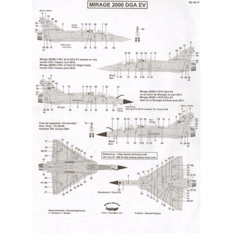 Decals Dassault Mirage 2000 DGA EV (flight trials) : Mirage 2000B N  501 & Mirage 2000D N  676 réf Berna Decals