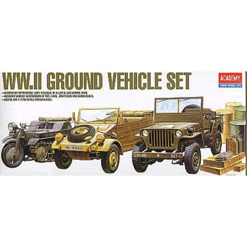 WWII vehicle set. Kubelwagen Kettenkrad Willys Jeep diorama base jerry cans crates. Military model kit