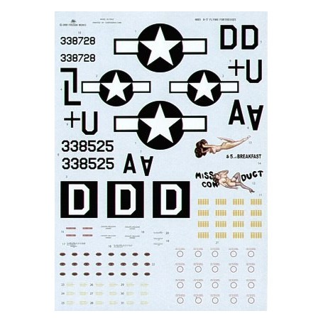 Decals Boeing B-17G Flying Fortress (2) 43-338728 +U 851 BS/490 BG ′ 5 with Breakfast′; 43-338525 LD-A D in square ′Miss Conduct
