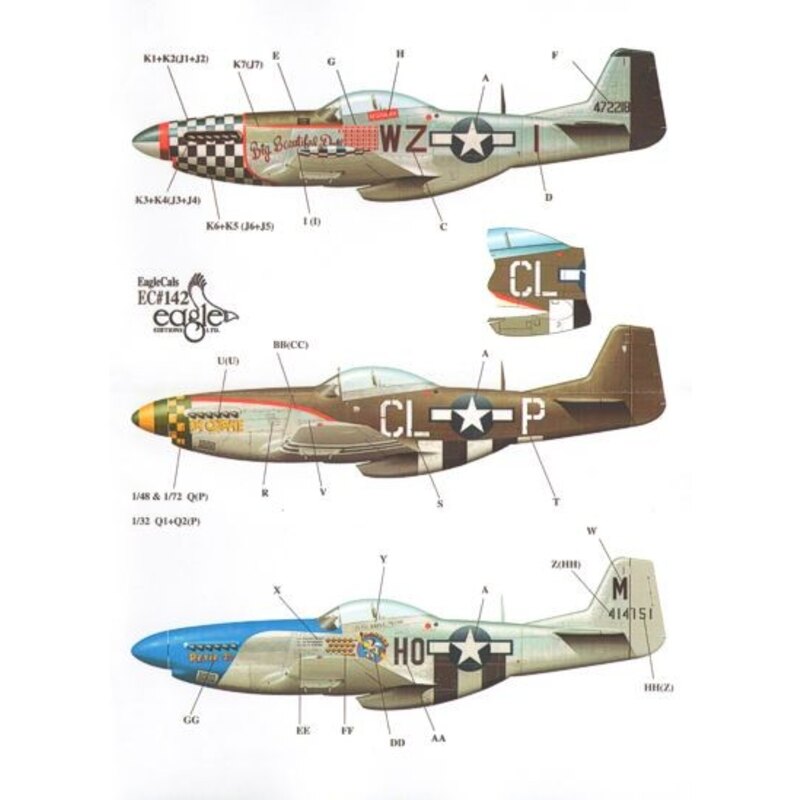Decals P-51D Mustang Pt 4 (3) 44-72218 WZ-I 78th FG Col. John Landers 'Big Beautiful Doll' RAF Duxford; 44-13954 CL-P 55th FG LT