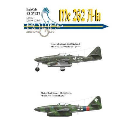 Decals Messerschmitt Me 262A-1a. (2) White &lt;&lt; JV 44 General Adolf Galland; Black &lt;&lt; Green 1 Stab III./JG 7 Major Rud