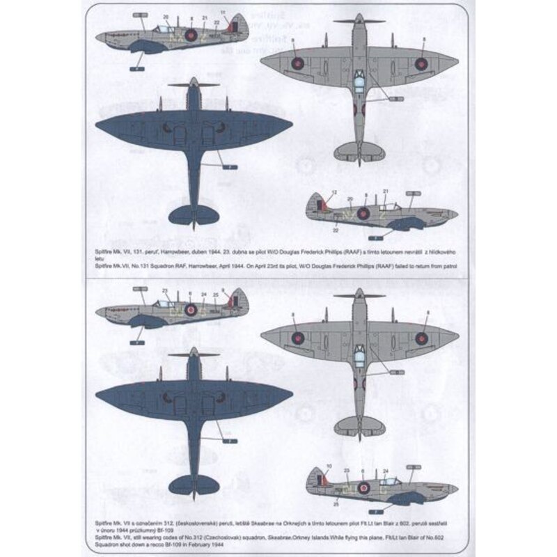 Decals Spitfire Mk.Vb, VII, VIII and IXe (7) Mk.Vb RY-R BM301 323 (Czech) Sqn Hornchurch 1942; RS-T Wg/Cdr Stanford Tuck Biggin 